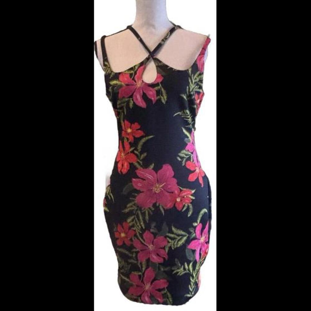 👠👗🖤 Guess Black Floral Dress Scrappy Neck Fitted Size M